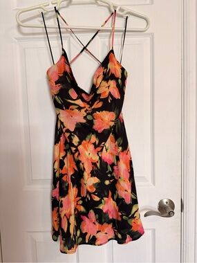 H&M Black Mini Dress with Coral & Pink Floral Print